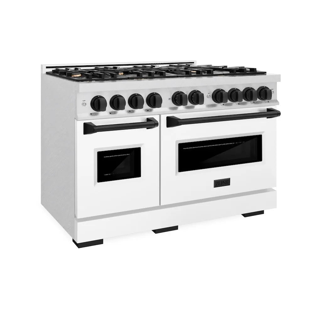 ZLINE Autograph Edition Classic 48-inch range in satin stainless steel with white matte door and matte black accents CGRSZ-WM-48-MB