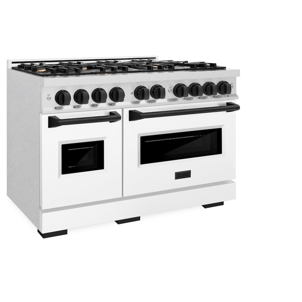 ZLINE Autograph Edition Classic 48-inch range in satin stainless steel with white matte door and matte black accents CGRSZ-WM-48-MB, view 4
