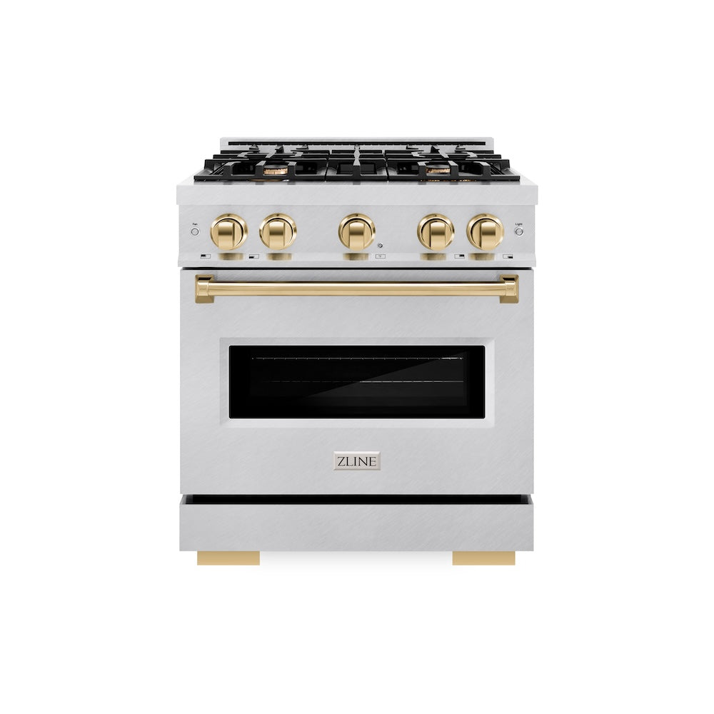 ZLINE Autograph Edition Classic 30-inch range in satin stainless steel and polished gold accents CGRSZ-30-G, front view