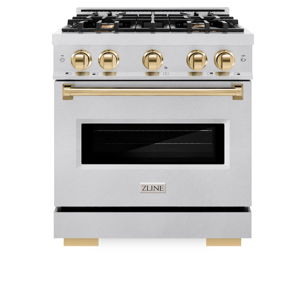 ZLINE Autograph Edition Classic 30-inch range in satin stainless steel and polished gold accents CGRSZ-30-G, front view