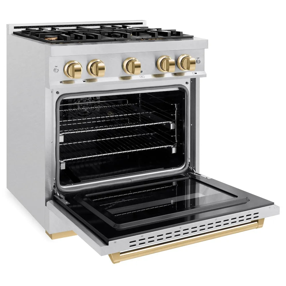 ZLINE Autograph Edition Classic 30-inch range in satin stainless steel and polished gold accents CGRSZ-30-G, door open