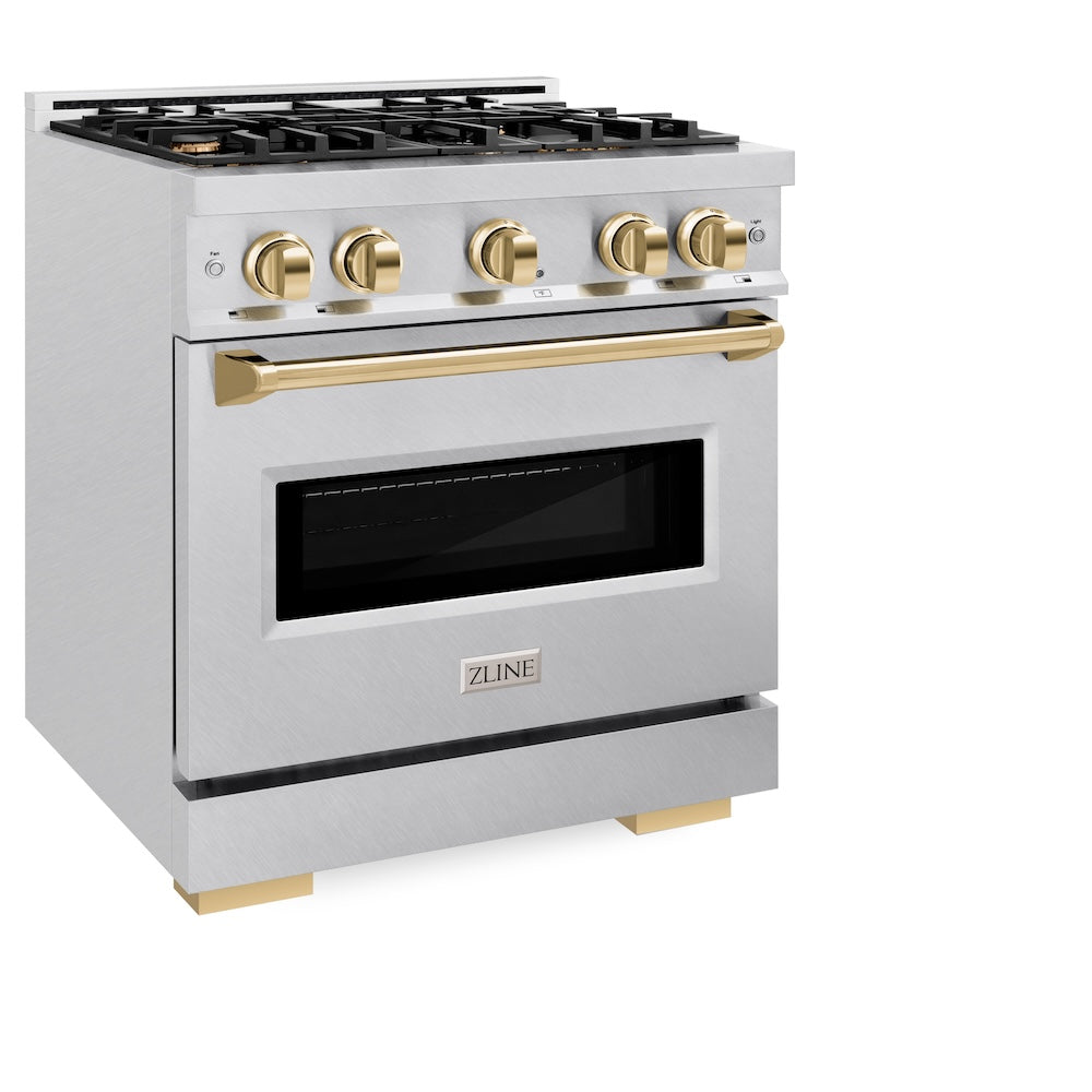 ZLINE Autograph Edition Classic 30-inch range in satin stainless steel and polished gold accents CGRSZ-30-G, view 5
