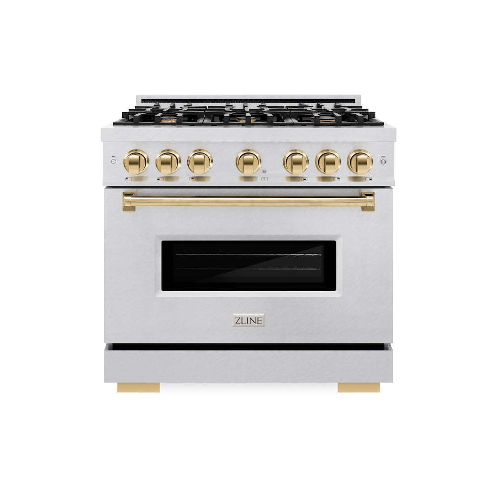 ZLINE Autograph Edition Classic 36-inch range in satin stainless steel and polished gold accents CGRSZ-36-G, front view