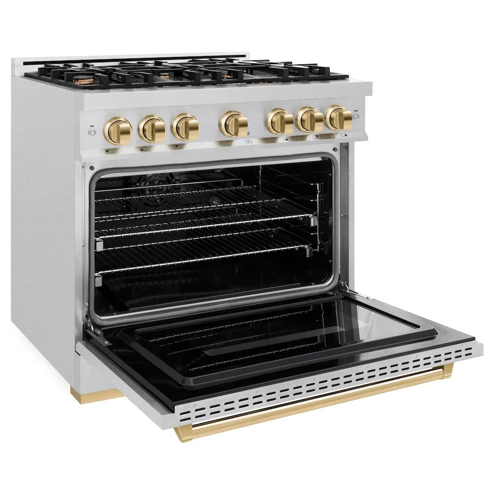 ZLINE Autograph Edition Classic 36-inch range in satin stainless steel and polished gold accents CGRSZ-36-G, door open
