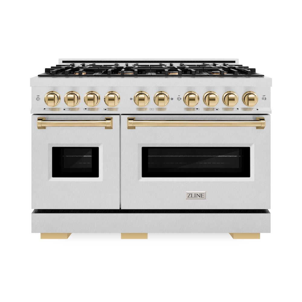 ZLINE Autograph Edition Classic 48-inch range in satin stainless steel and polished gold accents CGRSZ-48-G, front view