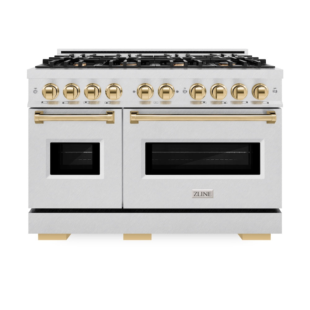 ZLINE Autograph Edition Classic 48-inch range in satin stainless steel and polished gold accents CGRSZ-48-G, front view
