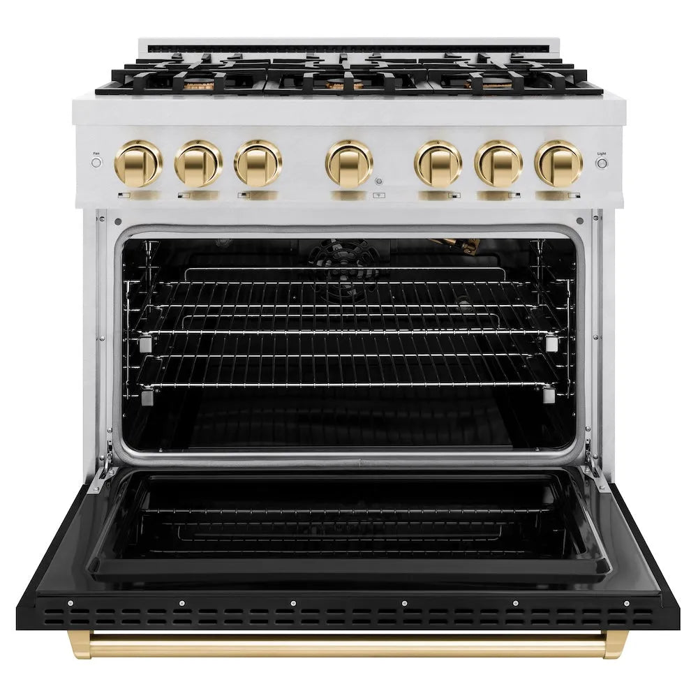 ZLINE Autograph Edition Classic 36-inch range in satin stainless steel with black matte door and polished gold accents CGRSZ-BLM-36-G, front view
