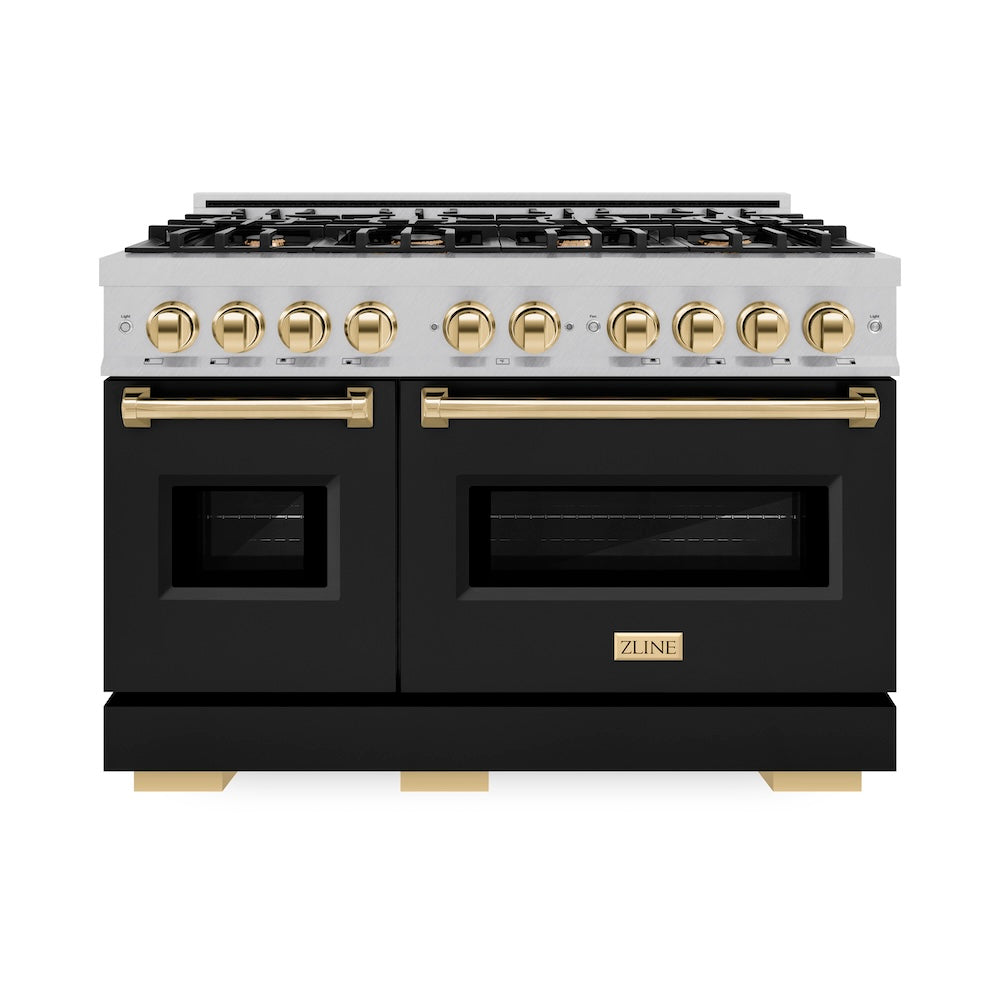 ZLINE Autograph Edition Classic 48-inch range in satin stainless steel with black matte door and polished gold accents CGRSZ-BLM-48-G, front view
