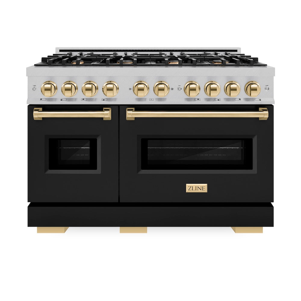 ZLINE Autograph Edition Classic 48-inch range in satin stainless steel with black matte door and polished gold accents CGRSZ-BLM-48-G, front view