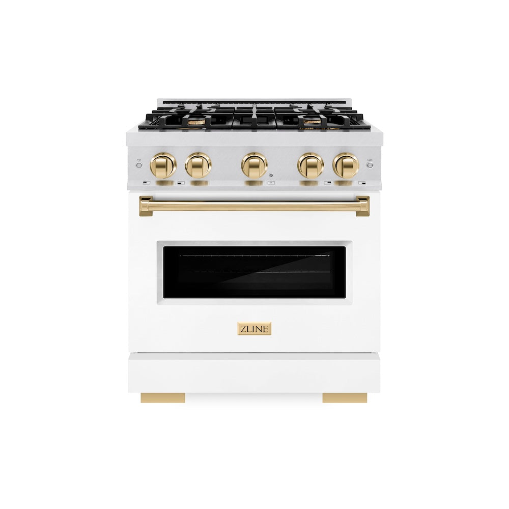 ZLINE Autograph Edition Classic 30-inch range in satin stainless steel with white matte door and polished gold accents CGRSZ-WM-30-G, front view