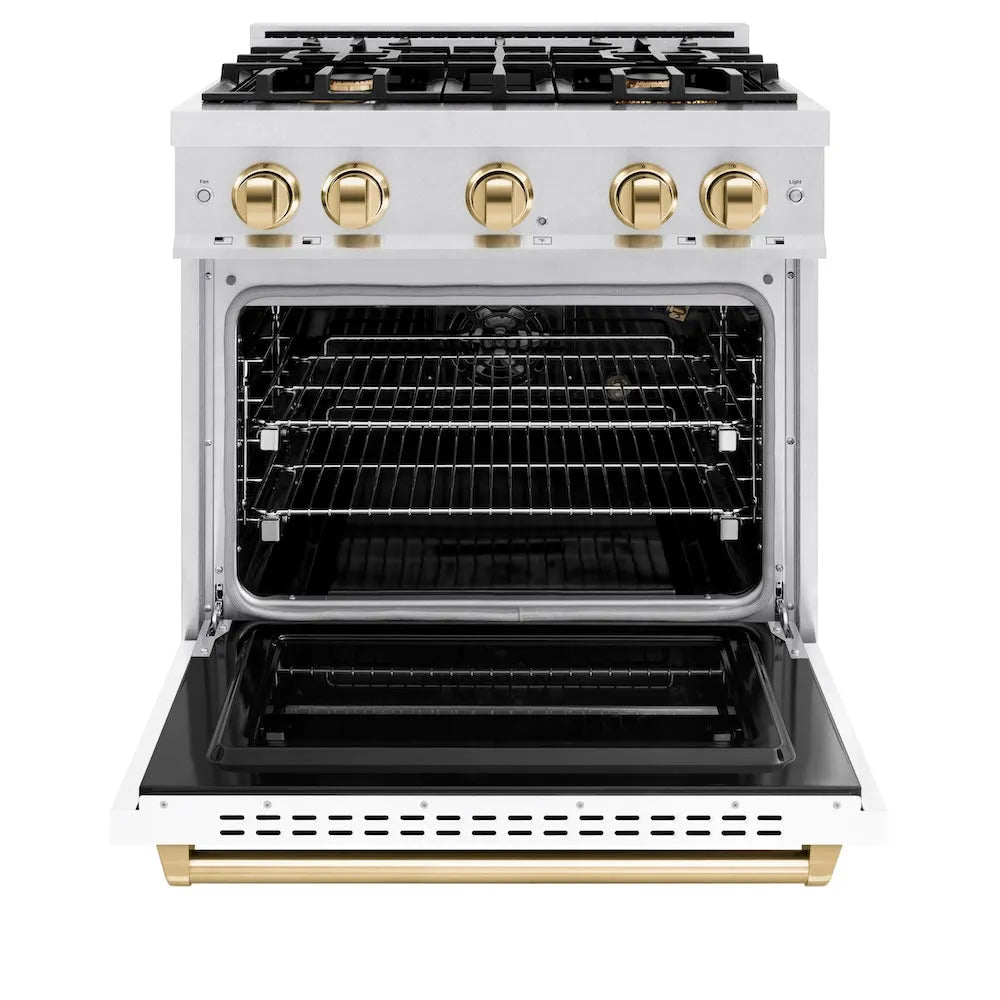 ZLINE Autograph Edition Classic 30-inch range in satin stainless steel with white matte door and polished gold accents CGRSZ-WM-30-G, front view