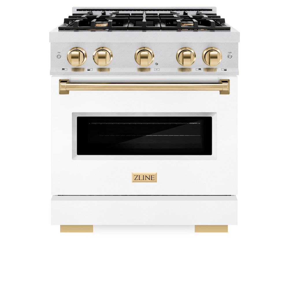 ZLINE Autograph Edition Classic 30-inch range in satin stainless steel with white matte door and polished gold accents CGRSZ-WM-30-G, front view