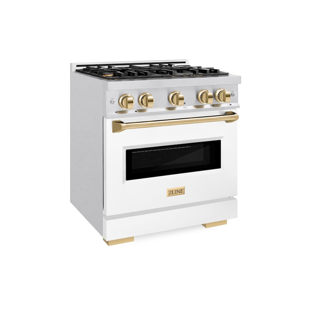 ZLINE Autograph Edition Classic 30-inch range in satin stainless steel with white matte door and polished gold accents CGRSZ-WM-30-G