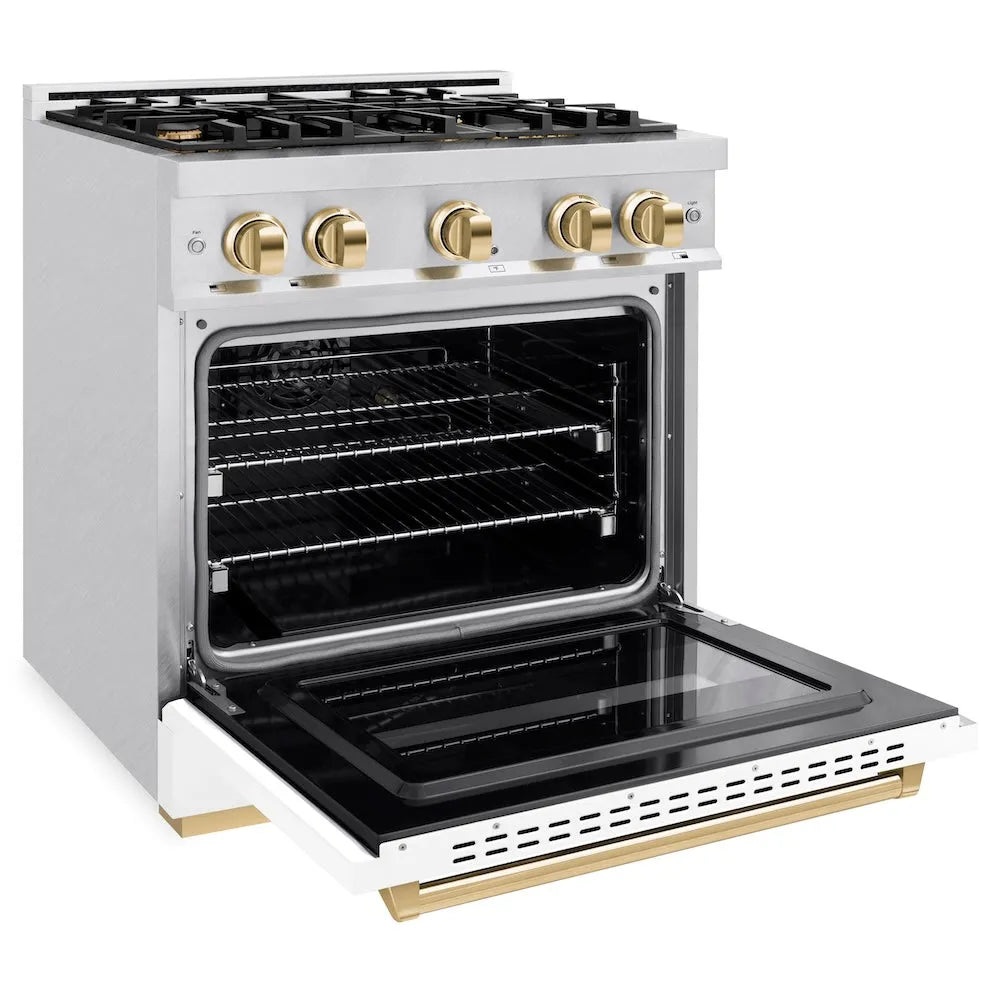 ZLINE Autograph Edition Classic 30-inch range in satin stainless steel with white matte door and polished gold accents CGRSZ-WM-30-G, door open