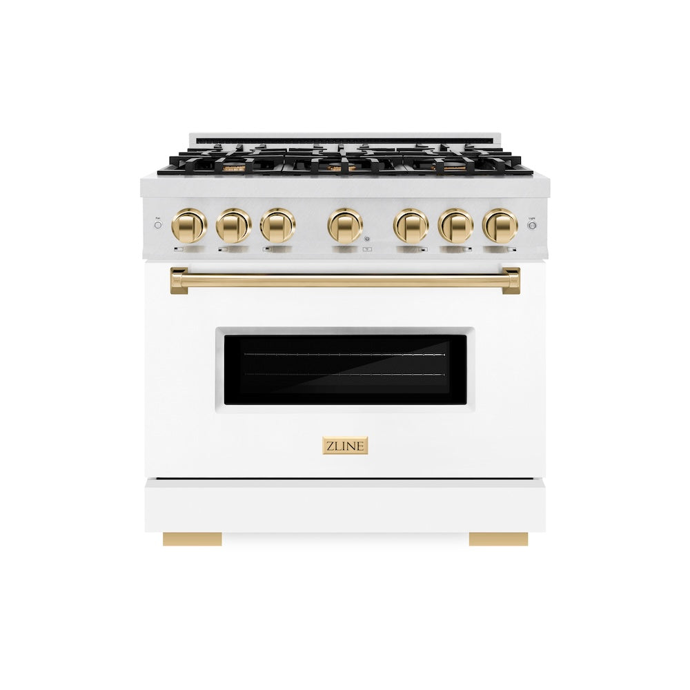 ZLINE Autograph Edition Classic 36-inch range in satin stainless steel with white matte door and polished gold accents CGRSZ-WM-36-G, front view