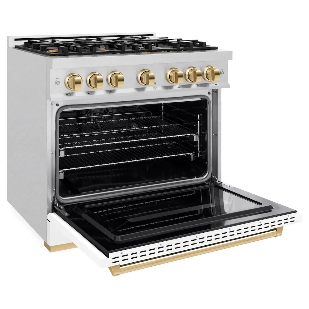 ZLINE Autograph Edition Classic 36-inch range in satin stainless steel with white matte door and polished gold accents CGRSZ-WM-36-G, door open