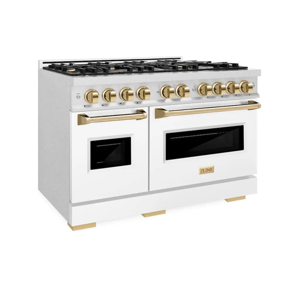 ZLINE Autograph Edition Classic 48-inch range in satin stainless steel with white matte door and polished gold accents CGRSZ-WM-48-G