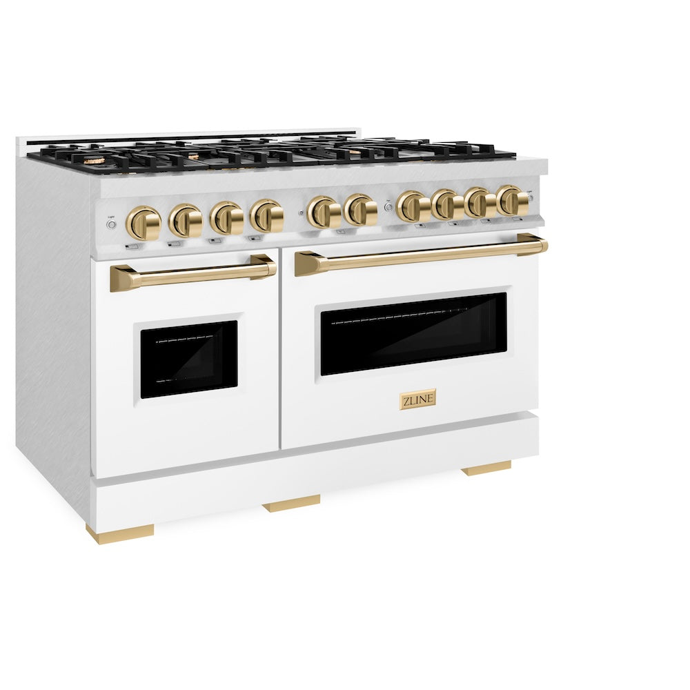 ZLINE Autograph Edition Classic 48-inch range in satin stainless steel with white matte door and polished gold accents CGRSZ-WM-48-G, view 4