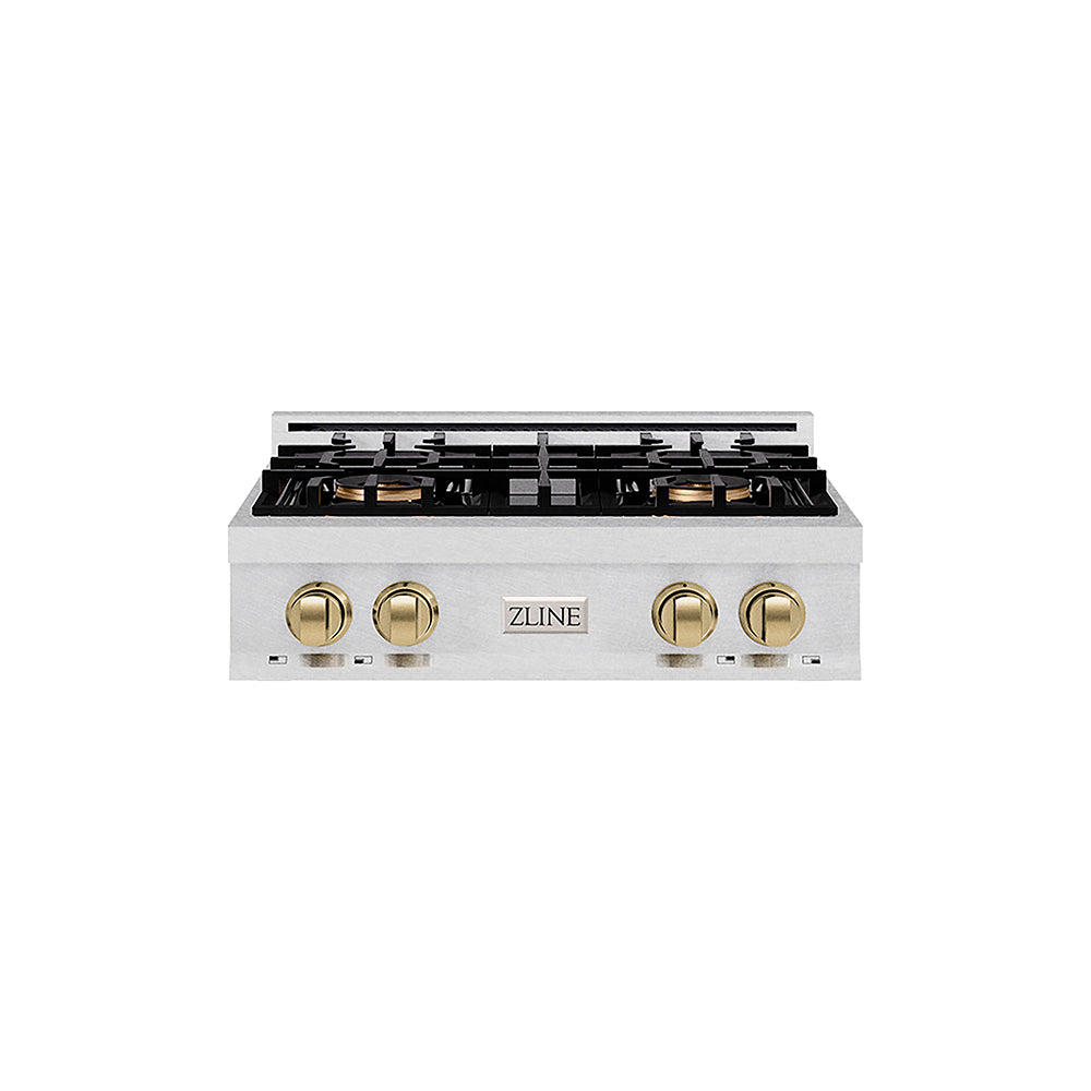 ZLINE Autograph Edition Classic 30-inch rangetop in satin stainless steel and champagne bronze accents PCRTSZ-30-CB, front view