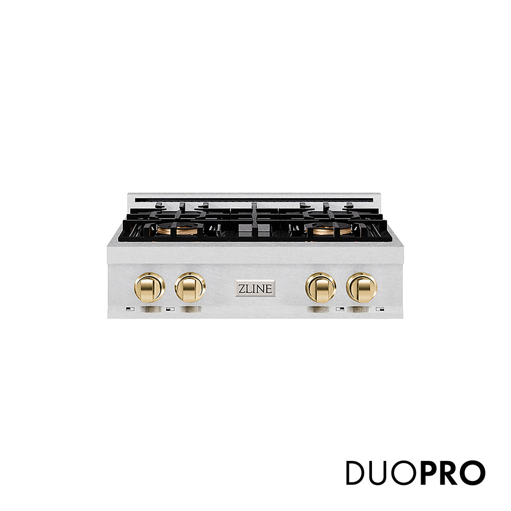ZLINE Autograph Edition Classic 30-inch rangetop in satin stainless steel and polished gold accents PCRTSZ-30-G