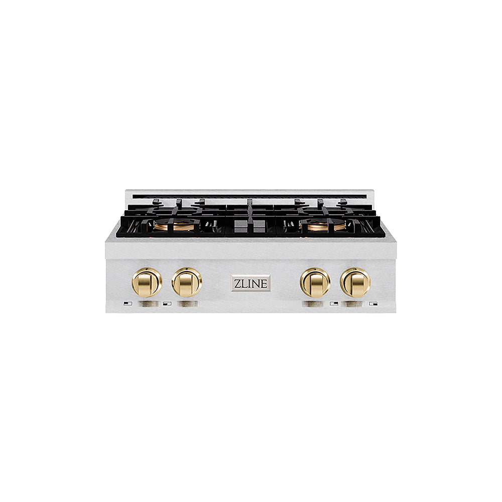 ZLINE Autograph Edition Classic 30-inch rangetop in satin stainless steel and polished gold accents PCRTSZ-30-G, front view