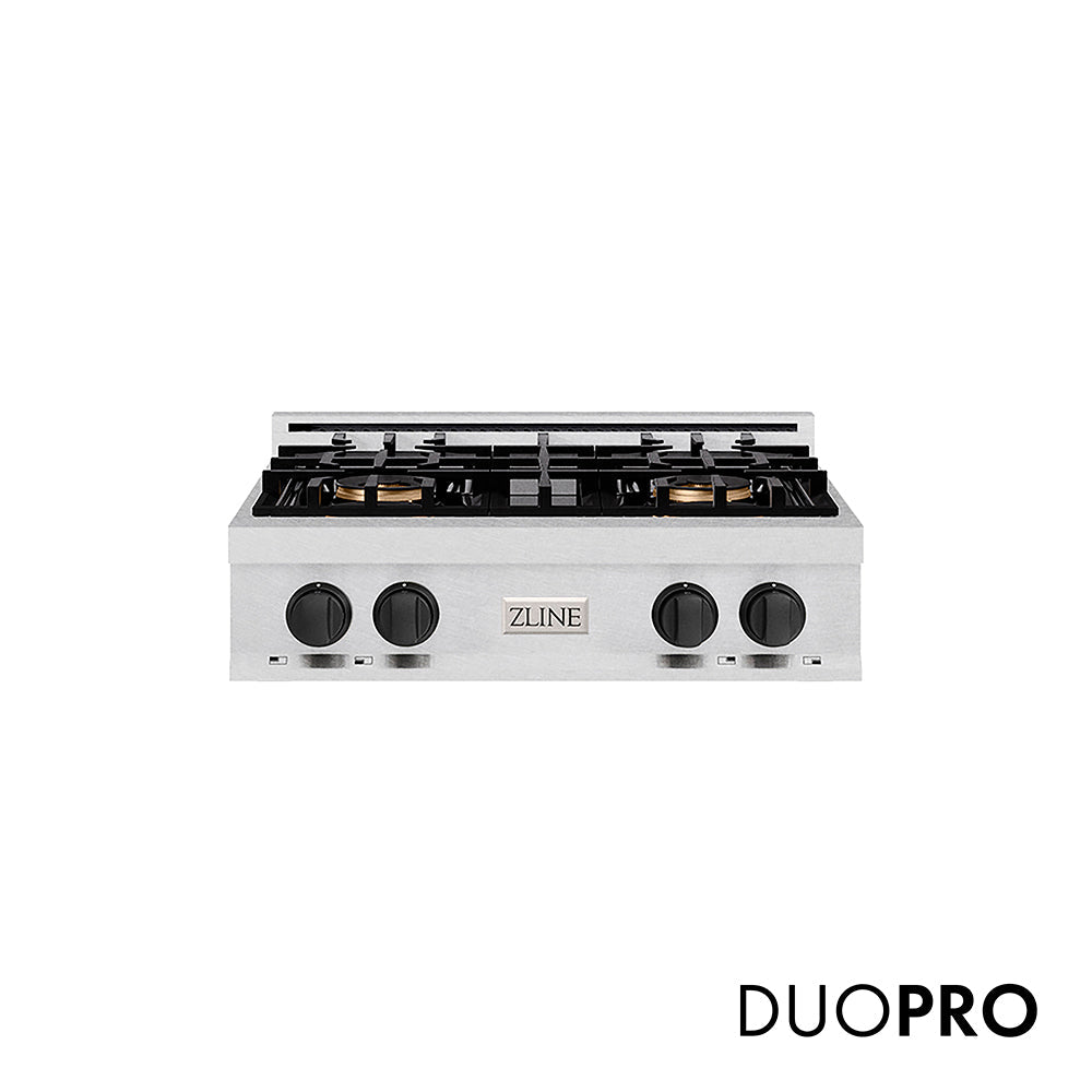 ZLINE Autograph Edition Classic 30-inch rangetop in satin stainless steel and matte black accents PCRTSZ-30-MB