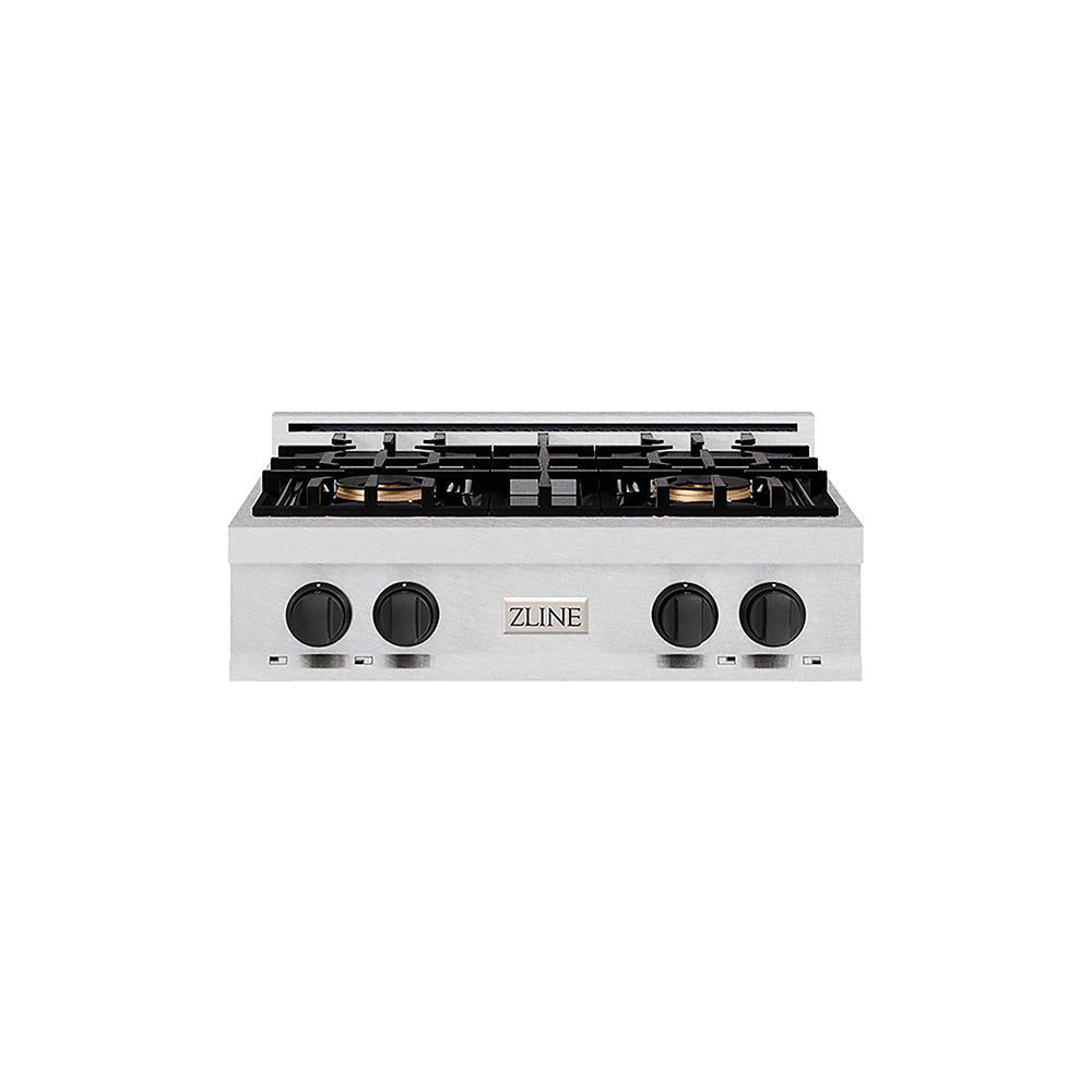 ZLINE Autograph Edition Classic 30-inch rangetop in satin stainless steel and matte black accents PCRTSZ-30-MB, front view