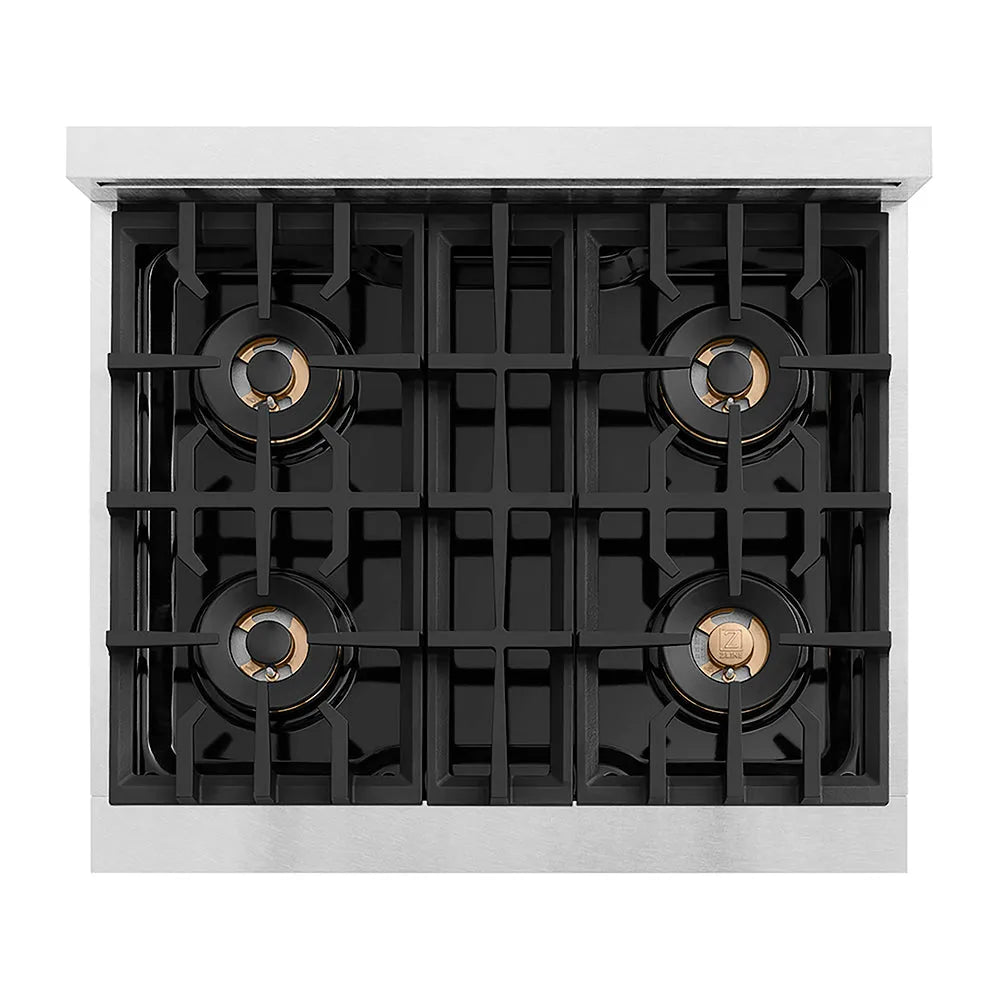 ZLINE Autograph Edition Classic 30-inch rangetop in satin stainless steel and matte black accents PCRTSZ-30-MB, from above