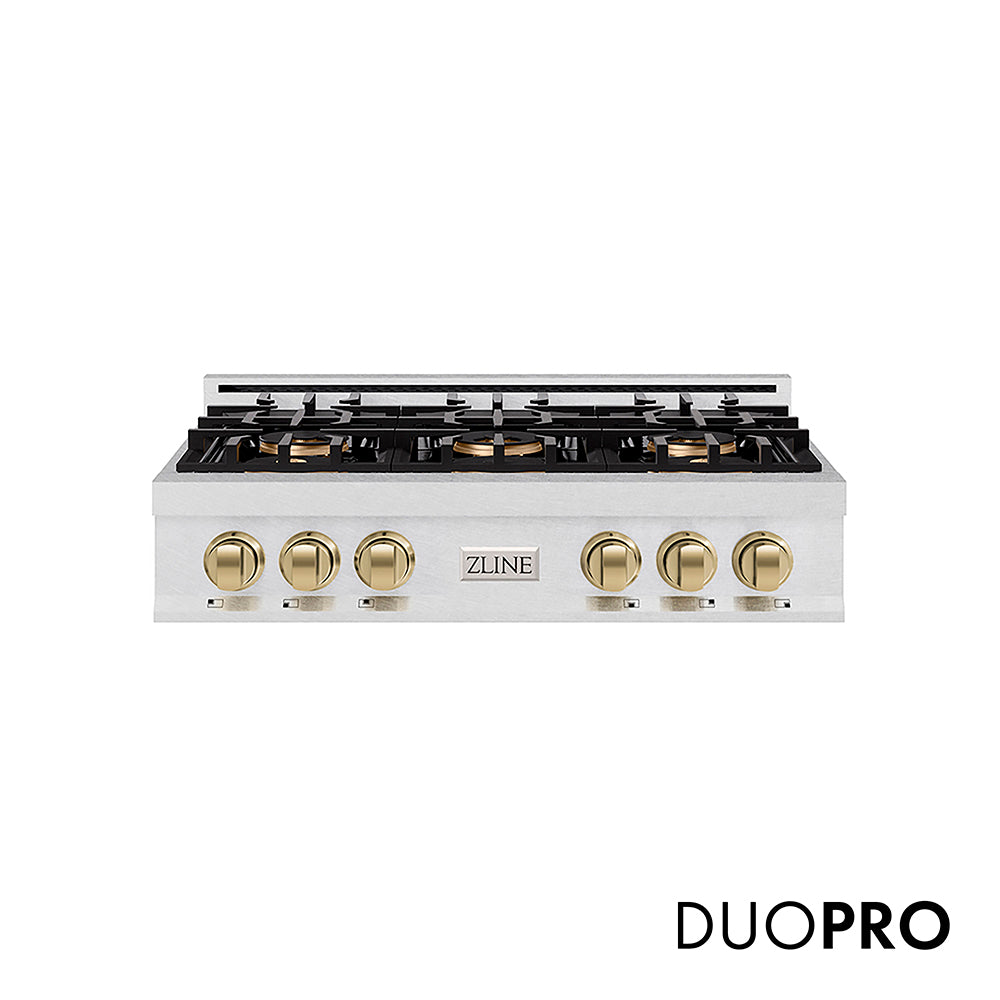 ZLINE Autograph Edition Classic 36-inch rangetop in satin stainless steel and champagne bronze accents PCRTSZ-36-CB