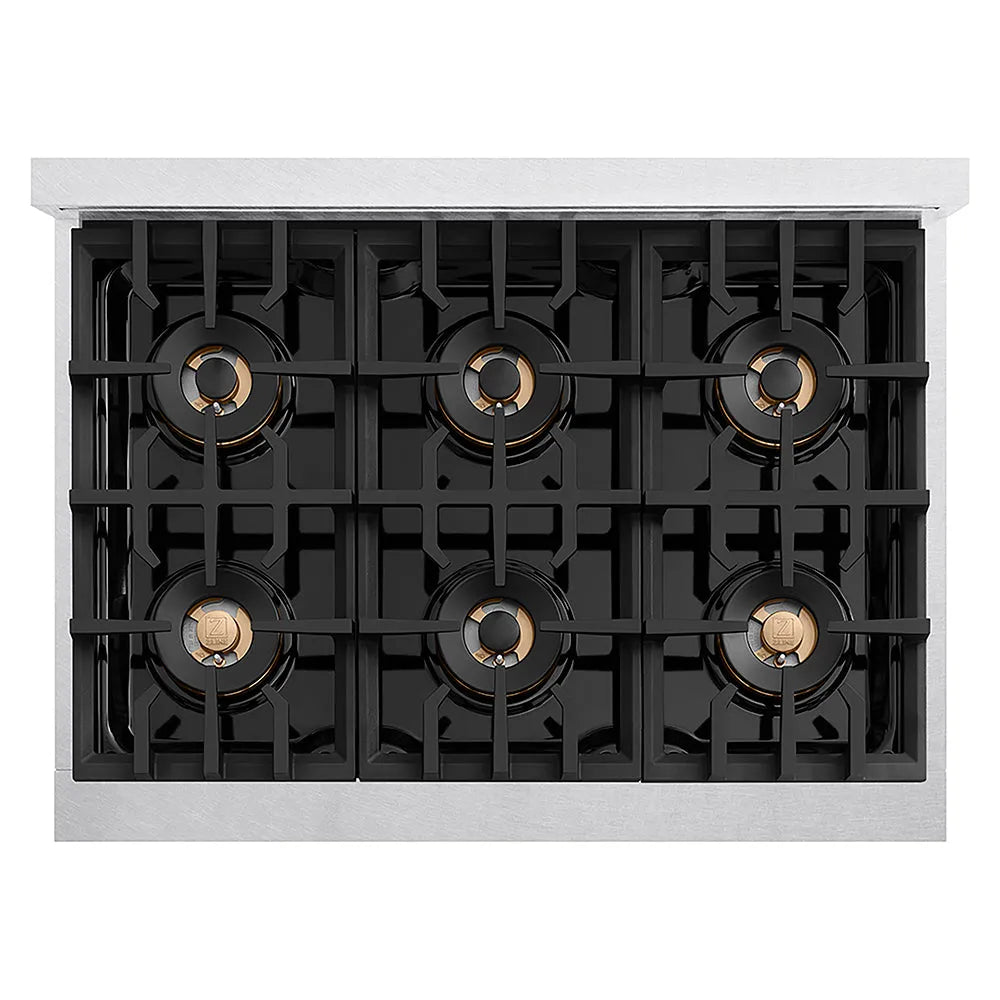 ZLINE Autograph Edition Classic 36-inch rangetop in satin stainless steel and polished gold accents PCRTSZ-36-G, from above
