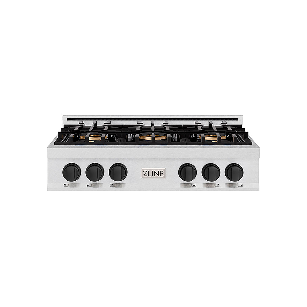 ZLINE Autograph Edition Classic 36-inch rangetop in satin stainless steel and matte black accents PCRTSZ-36-MB, front view
