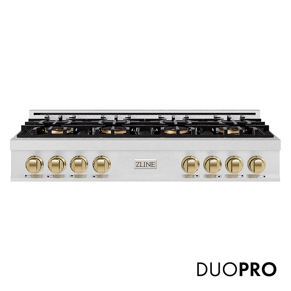 ZLINE Autograph Edition Classic 48-inch rangetop in satin stainless steel and champagne bronze accents PCRTSZ-48-CB