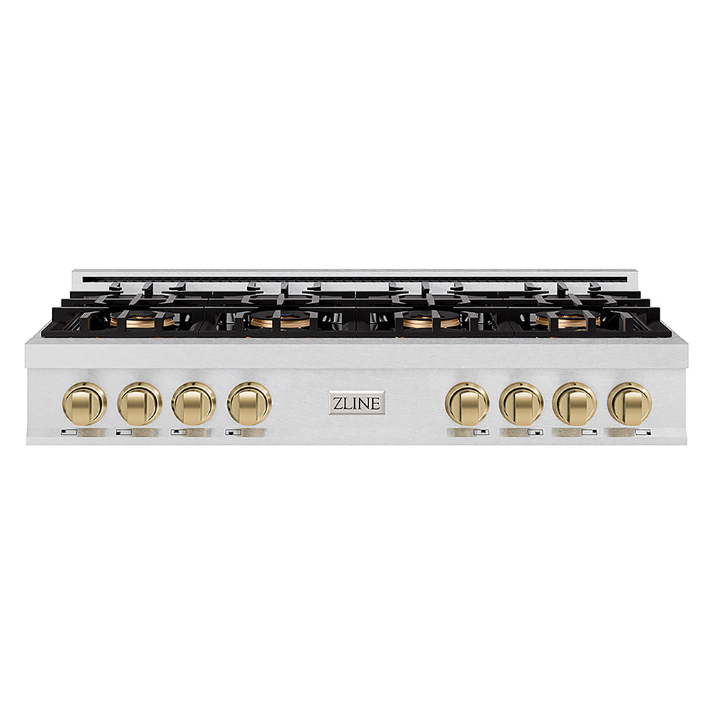 ZLINE Autograph Edition Classic 48-inch rangetop in satin stainless steel and champagne bronze accents PCRTSZ-48-CB, front view