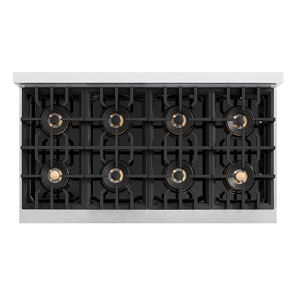 ZLINE Autograph Edition Classic 48-inch rangetop in satin stainless steel and champagne bronze accents PCRTSZ-48-CB, from above