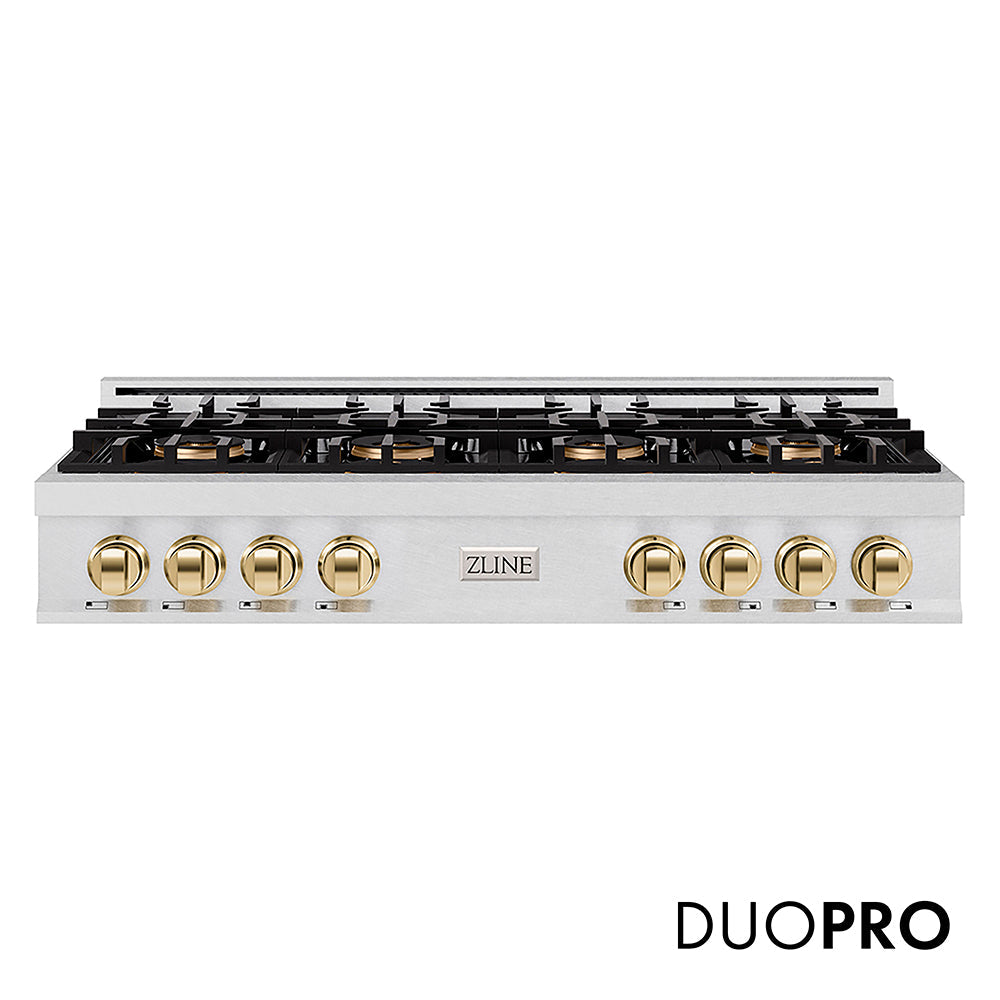 ZLINE Autograph Edition Classic 48-inch rangetop in satin stainless steel and polished gold accents PCRTSZ-48-G