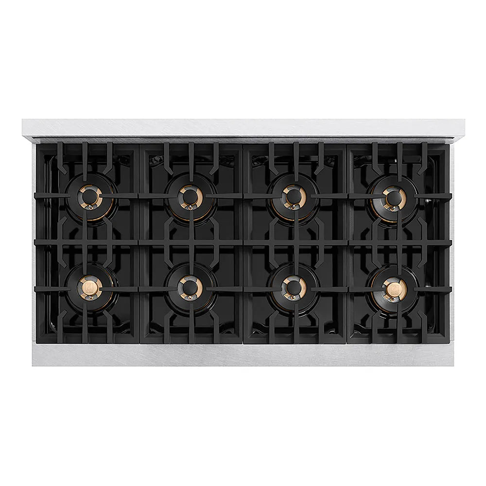 ZLINE Autograph Edition Classic 48-inch rangetop in satin stainless steel and polished gold accents PCRTSZ-48-G, from above