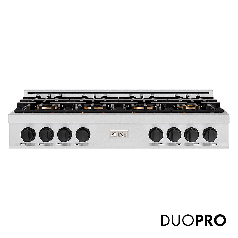 ZLINE Autograph Edition Classic 48-inch rangetop in satin stainless steel and matte black accents PCRTSZ-48-MB