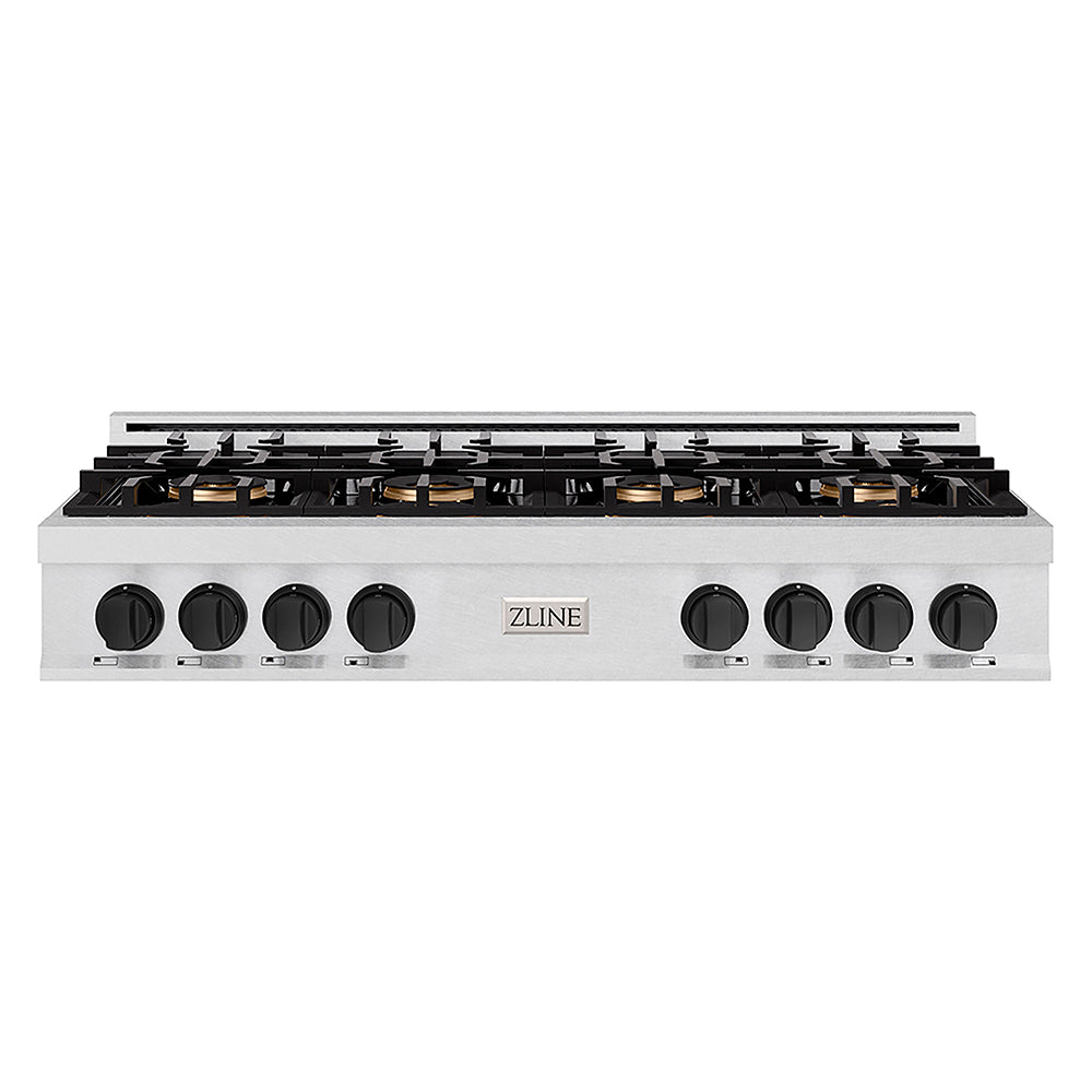 ZLINE Autograph Edition Classic 48-inch rangetop in satin stainless steel and matte black accents PCRTSZ-48-MB, front view