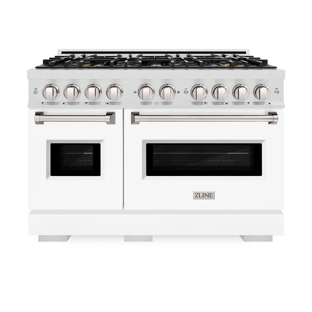 ZLINE Classic 48-inch range in satin stainless steel with white matte door PCDRS-WM-48, front view