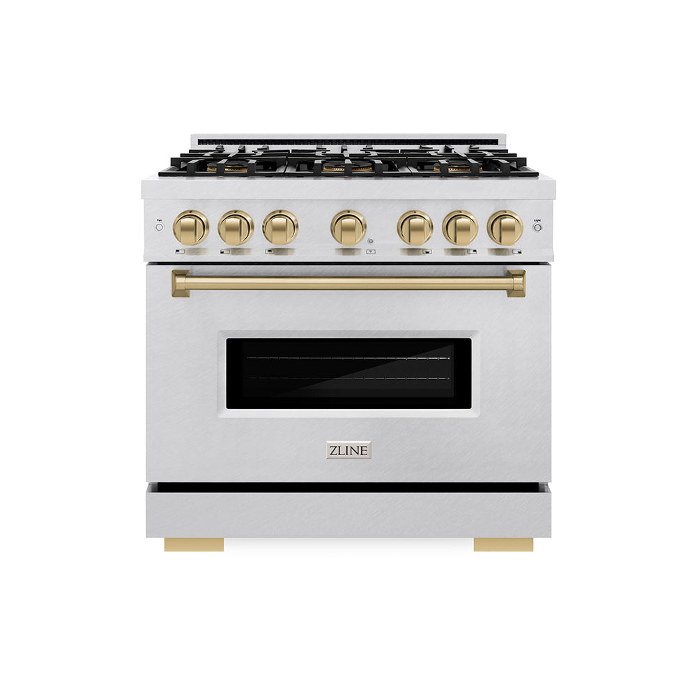 ZLINE Autograph Edition Classic 36-inch range in satin stainless steel and champagne bronze accents PCDRSZ-36-CB, front view