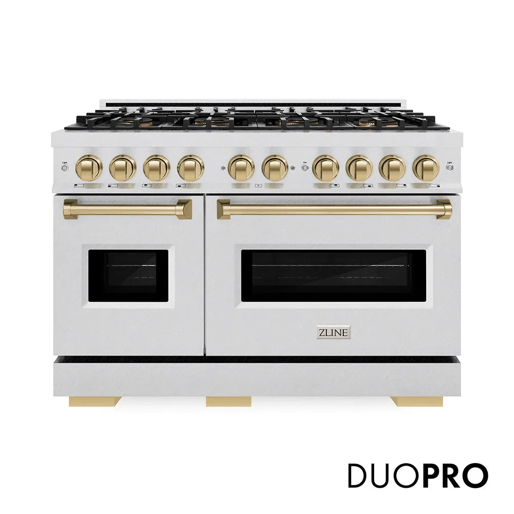 ZLINE Autograph Edition Classic 48-inch range in satin stainless steel and champagne bronze accents PCDRSZ-48-CB