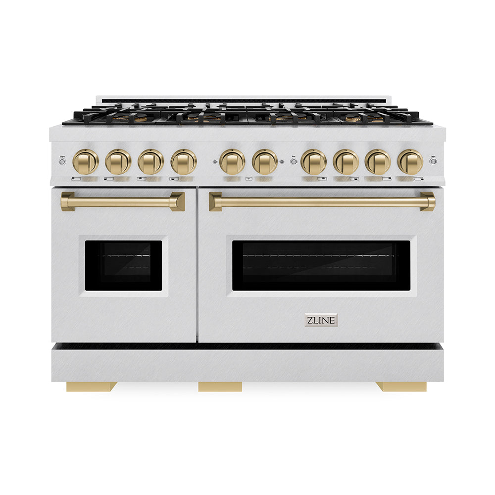 ZLINE Autograph Edition Classic 48-inch range in satin stainless steel and champagne bronze accents PCDRSZ-48-CB, front view