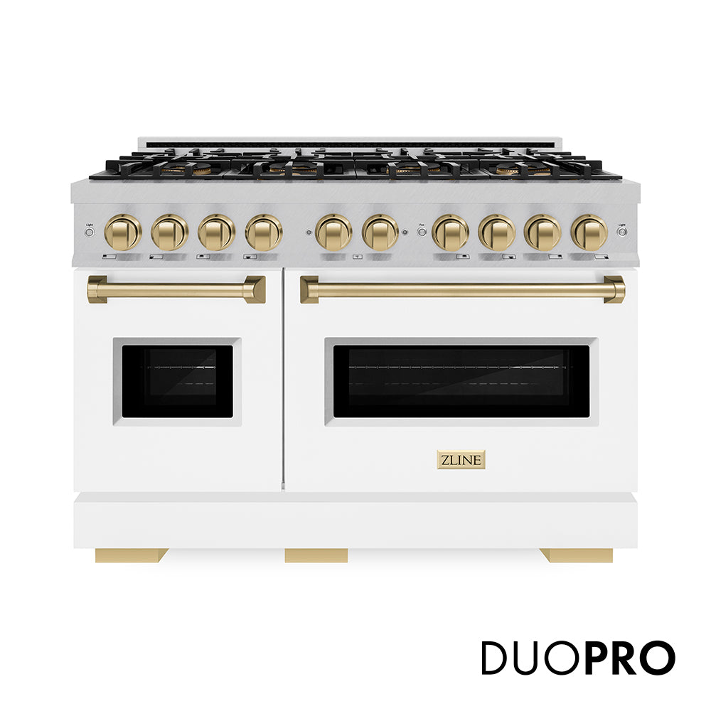 ZLINE Autograph Edition Classic 48-inch range in satin stainless steel with white matte door and champagne bronze accents PCDRSZ-WM-48-CB