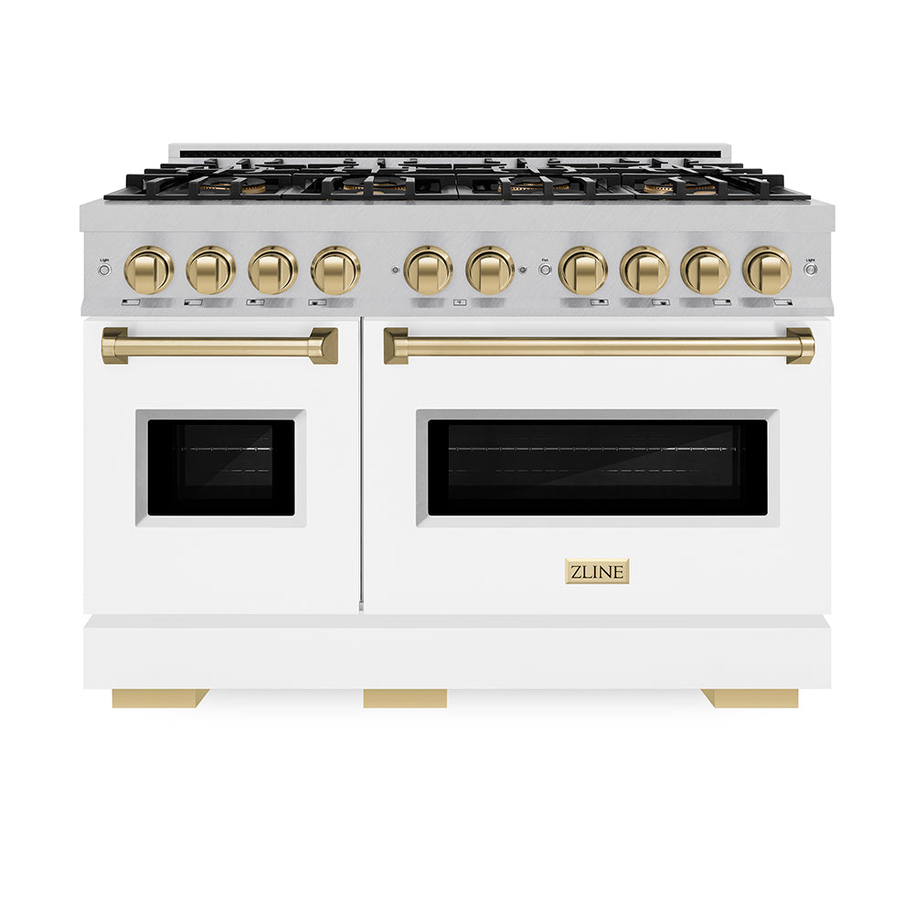 ZLINE Autograph Edition Classic 48-inch range in satin stainless steel with white matte door and champagne bronze accents PCDRSZ-WM-48-CB, front view