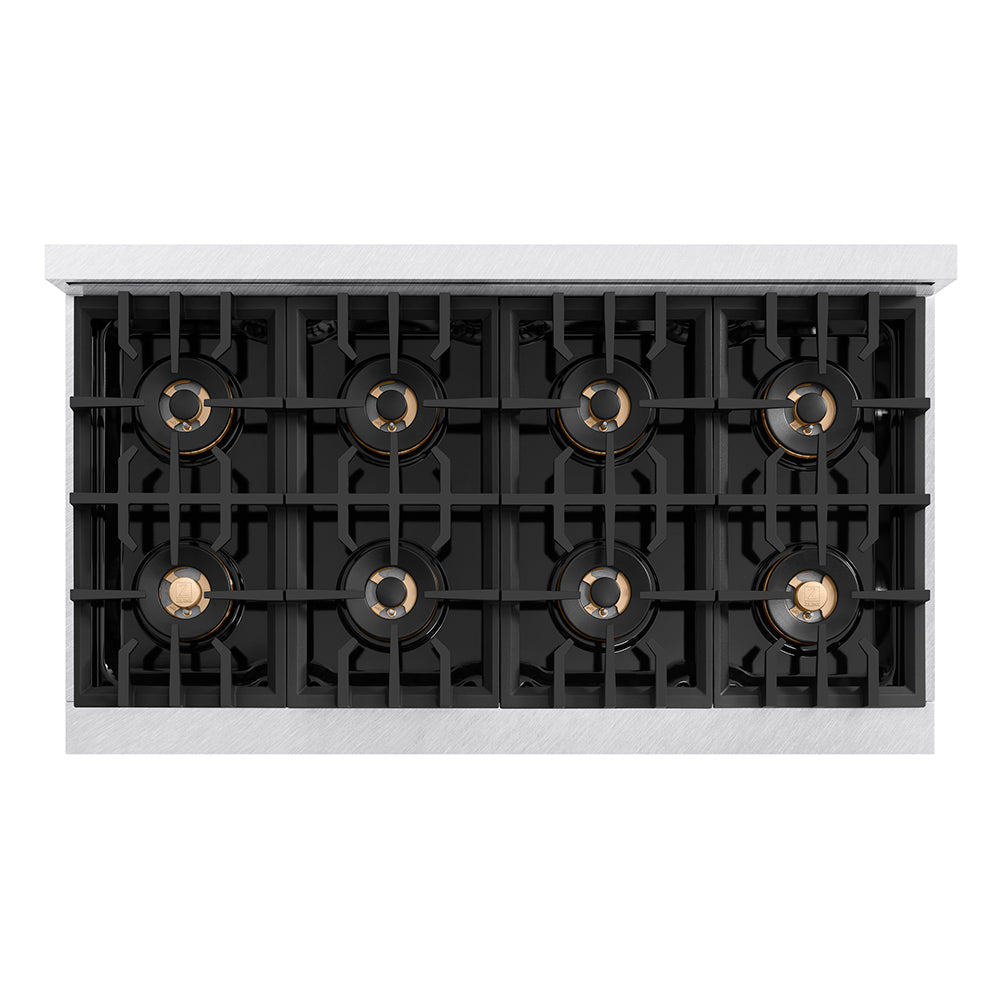 ZLINE Autograph Edition Classic 48-inch range in satin stainless steel with white matte door and champagne bronze accents PCDRSZ-WM-48-CB, from above
