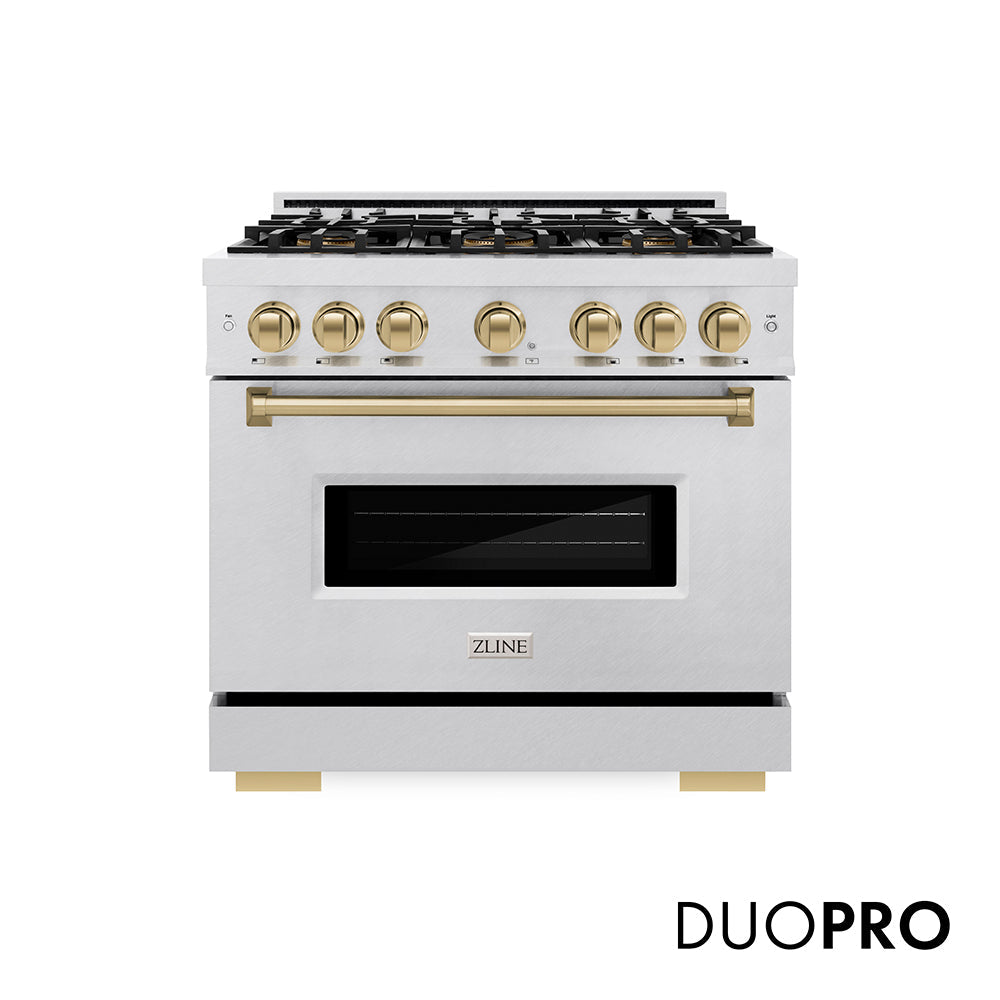 ZLINE Autograph Edition Classic 36-inch range in satin stainless steel and champagne bronze accents PCGRSZ-36-CB