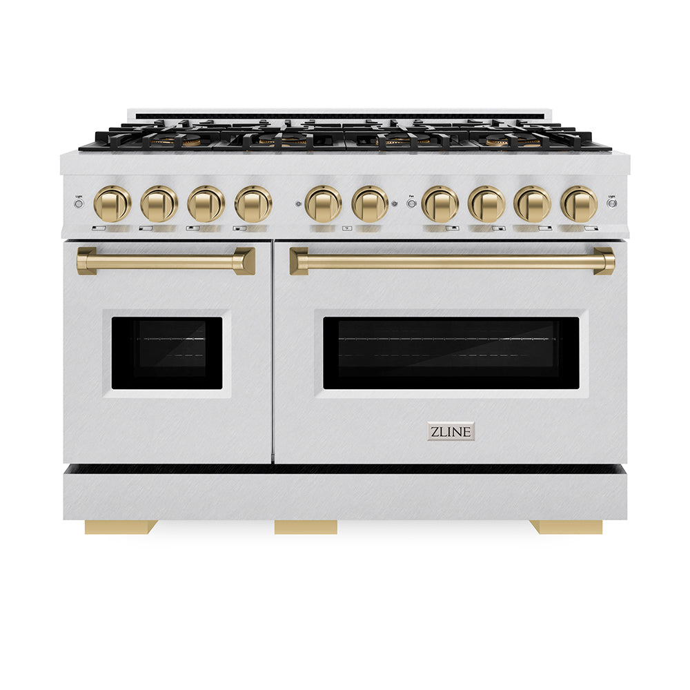 ZLINE Autograph Edition Classic 48-inch range in satin stainless steel and champagne bronze accents PCGRSZ-48-CB, front view