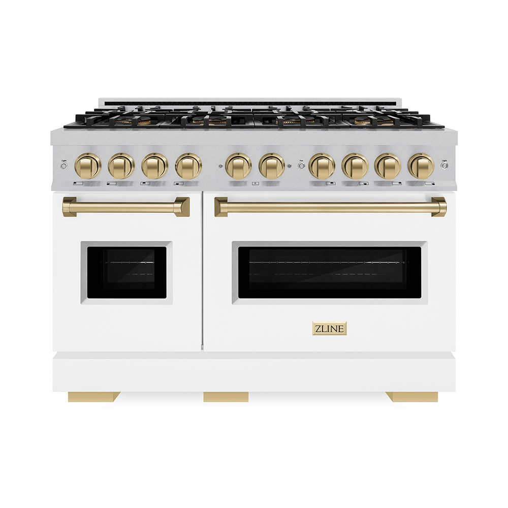 ZLINE Autograph Edition Classic 48-inch range in satin stainless steel with white matte door and champagne bronze accents PCGRSZ-WM-48-CB, front view