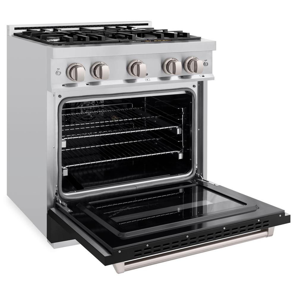 ZLINE Classic 30-inch range in stainless steel with black matte door CGR-BLM-30, door open