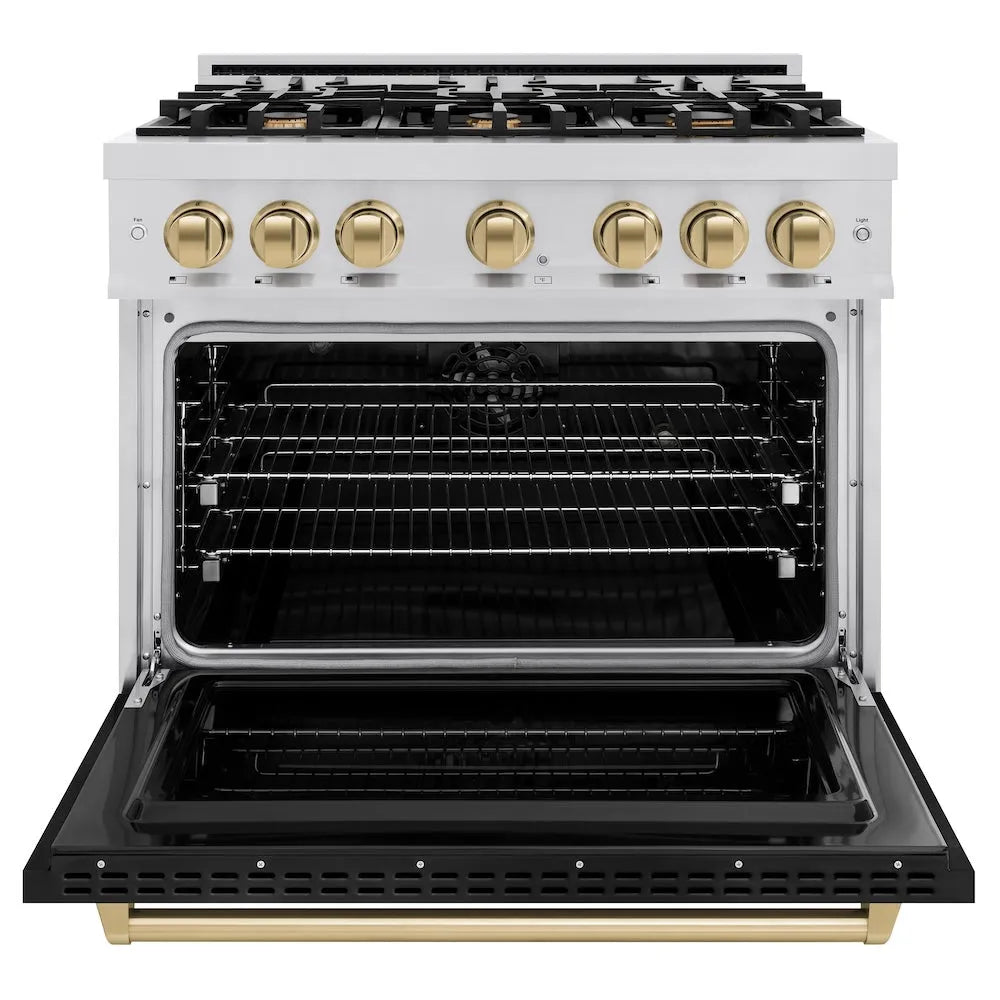 ZLINE Autograph Edition Classic 36-inch range in stainless steel with black matte door and champagne bronze accents CDRZ-BLM-36-CB, front view